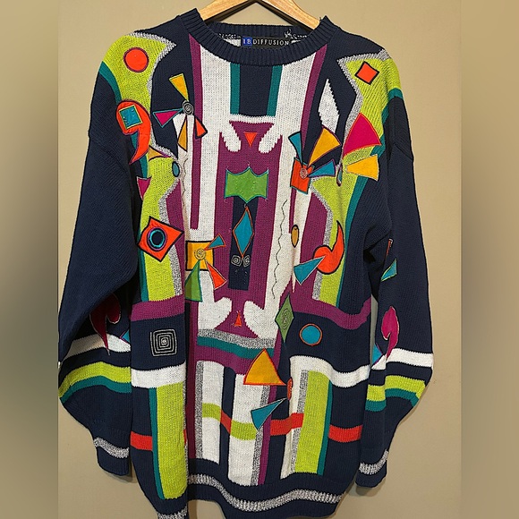 I.B. DIFFUSION Vintage 90’s Retro Abstract Pattern Vibrant Multi Colour Sweater - Picture 1 of 6